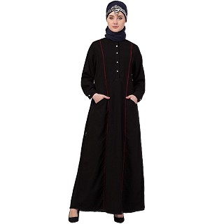 Designer abaya with piping on front-Black-red
